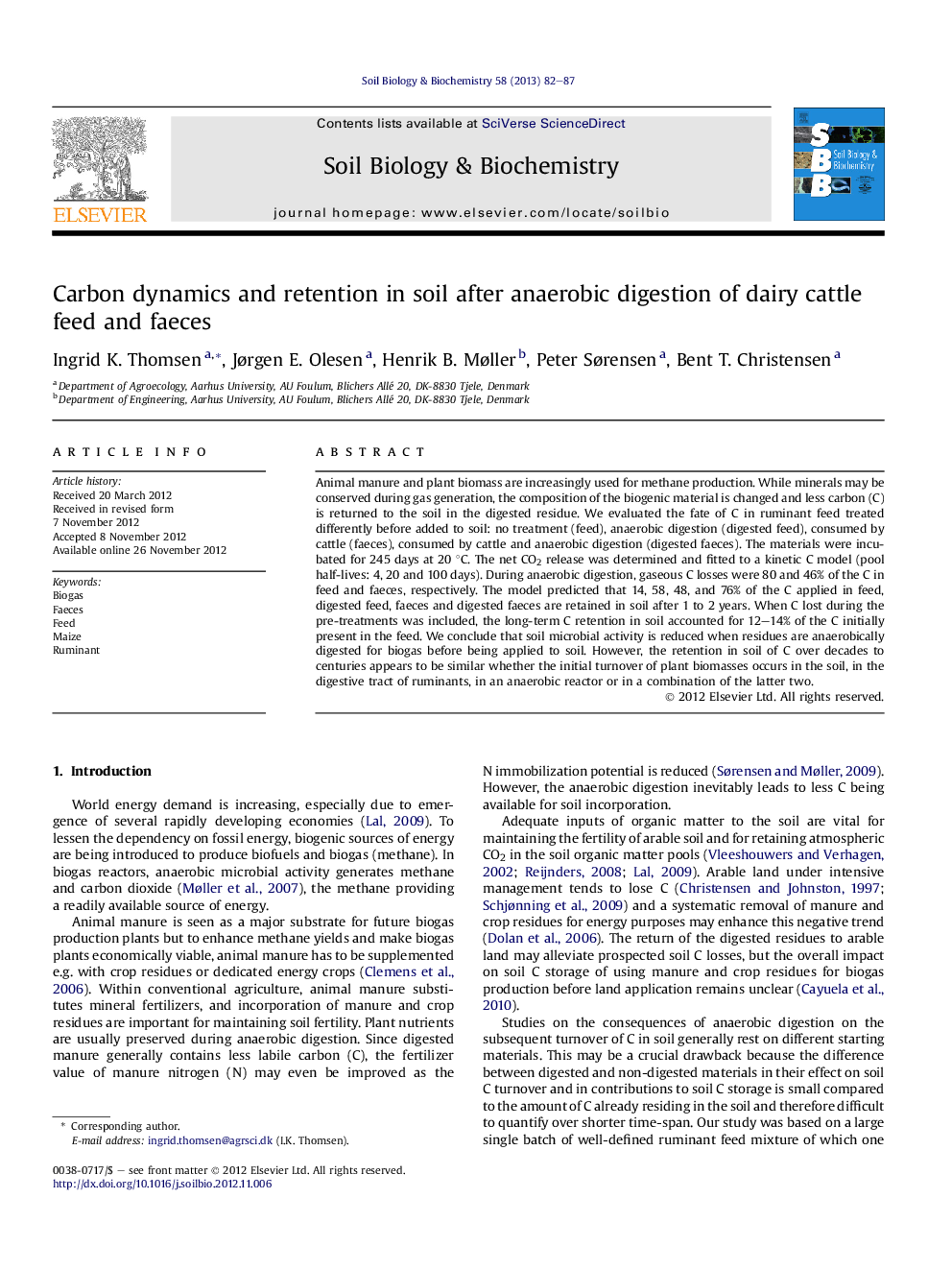 Carbon dynamics and retention in soil after anaerobic digestion of dairy cattle feed and faeces