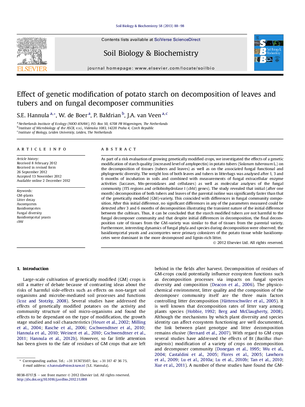 Effect of genetic modification of potato starch on decomposition of leaves and tubers and on fungal decomposer communities