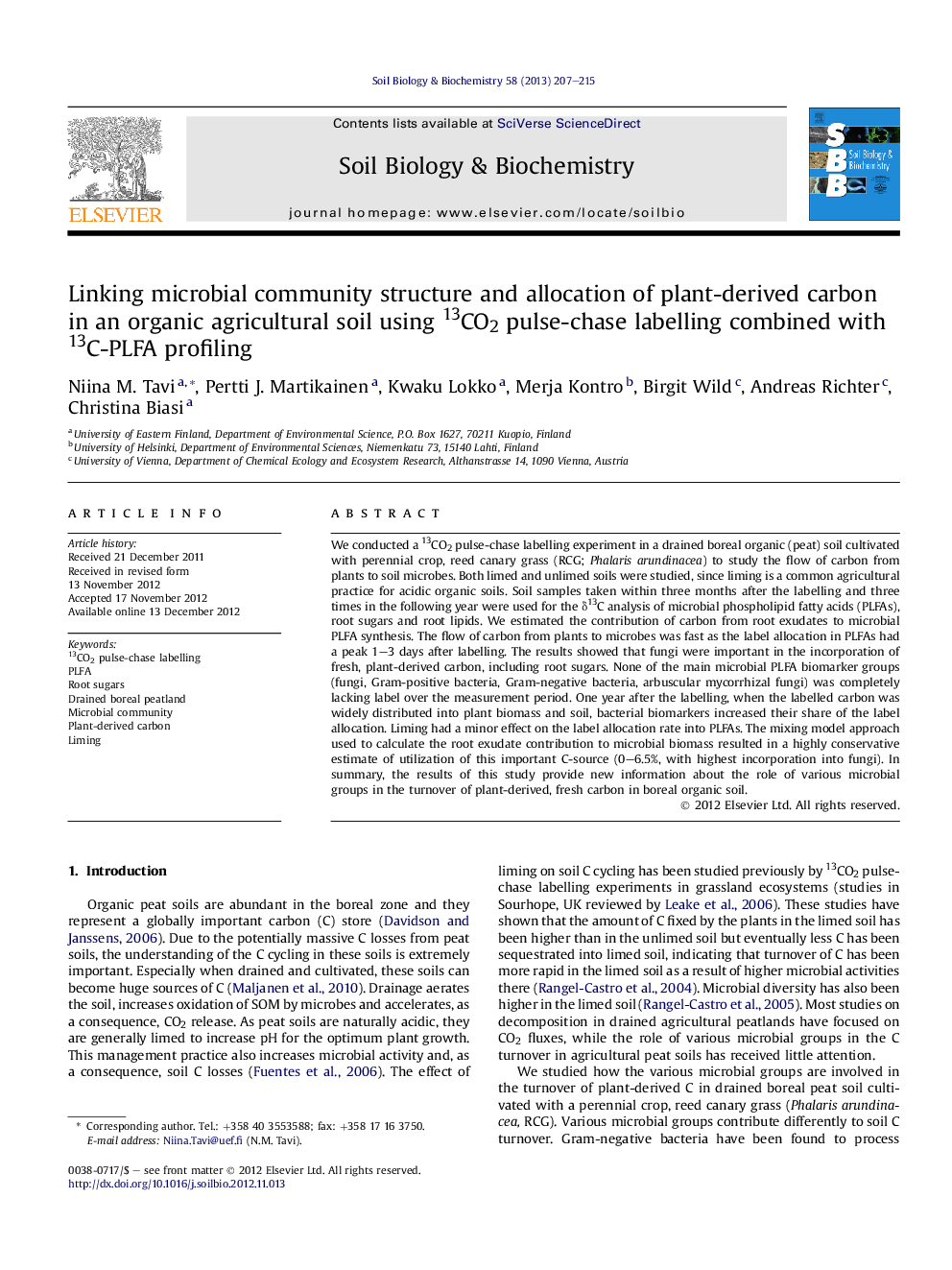 Linking microbial community structure and allocation of plant-derived carbon in an organic agricultural soil using 13CO2 pulse-chase labelling combined with 13C-PLFA profiling