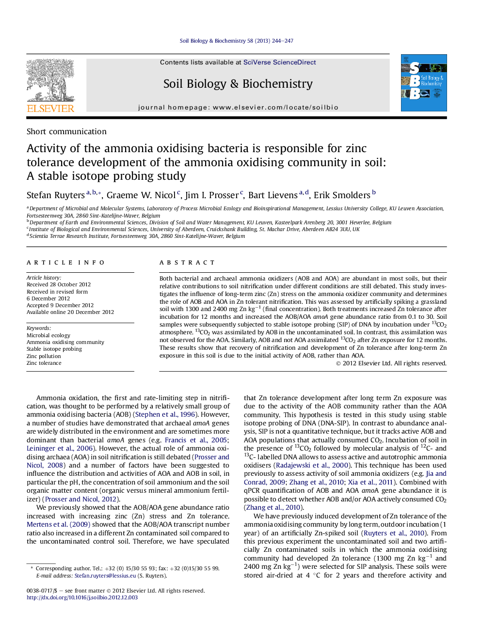 Activity of the ammonia oxidising bacteria is responsible for zinc tolerance development of the ammonia oxidising community in soil: A stable isotope probing study