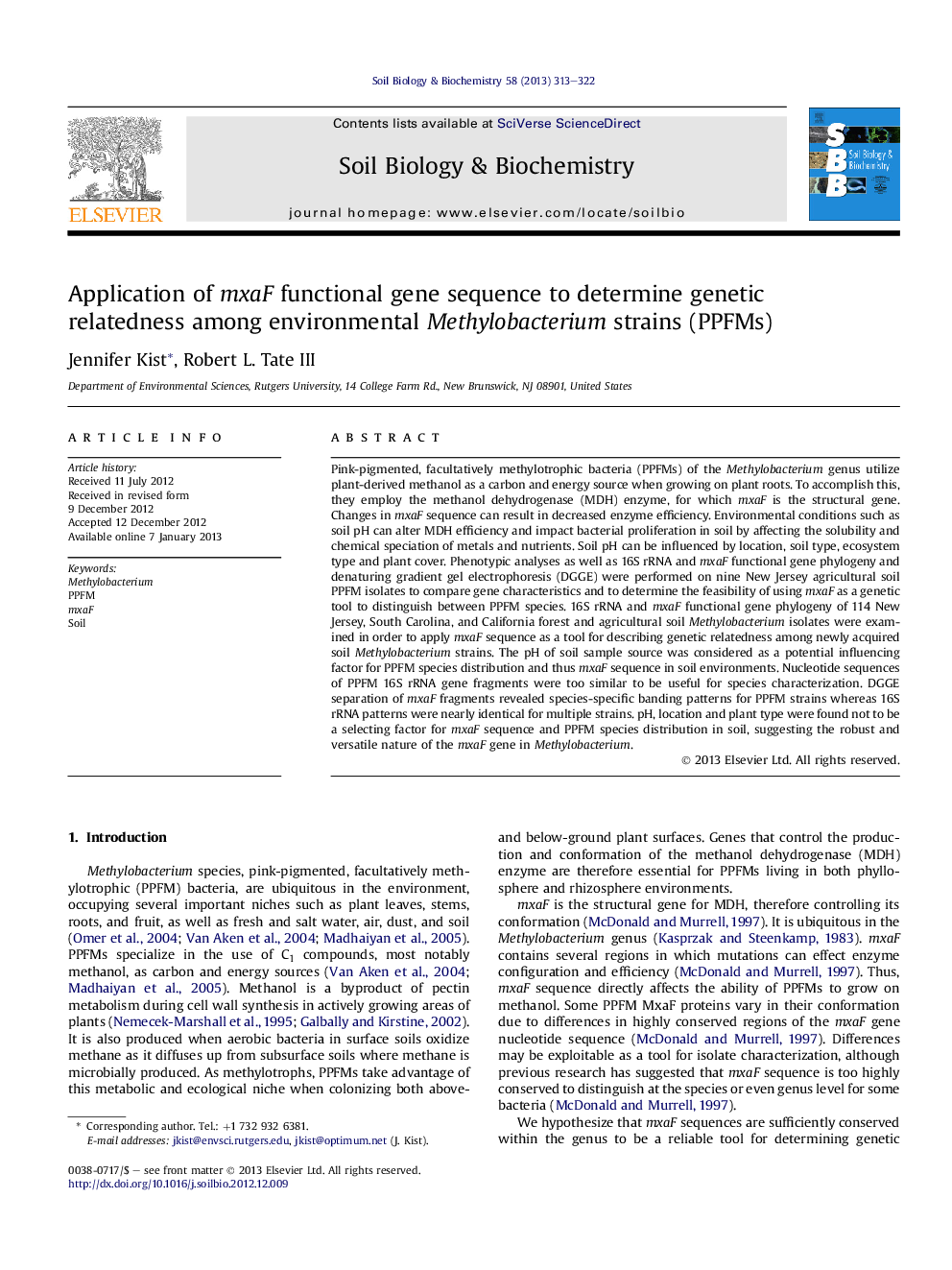 Application of mxaF functional gene sequence to determine genetic relatedness among environmental Methylobacterium strains (PPFMs)