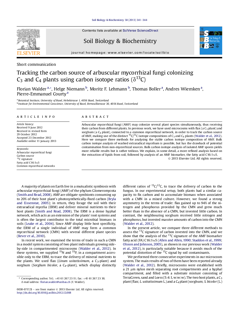 Tracking the carbon source of arbuscular mycorrhizal fungi colonizing C3 and C4 plants using carbon isotope ratios (δ13C)