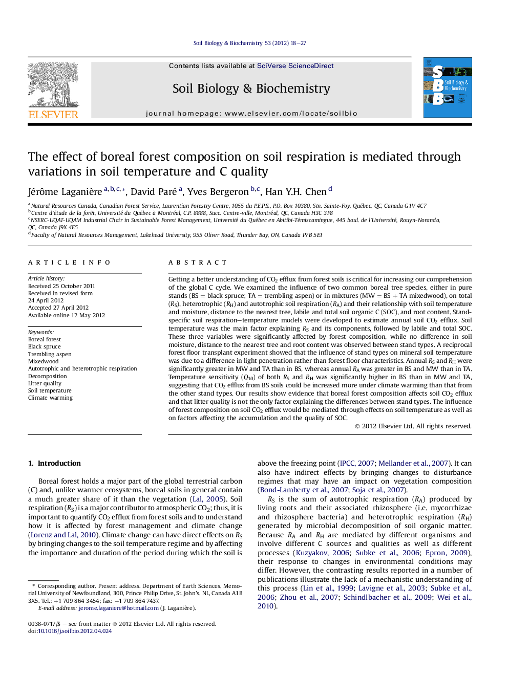 The effect of boreal forest composition on soil respiration is mediated through variations in soil temperature and C quality