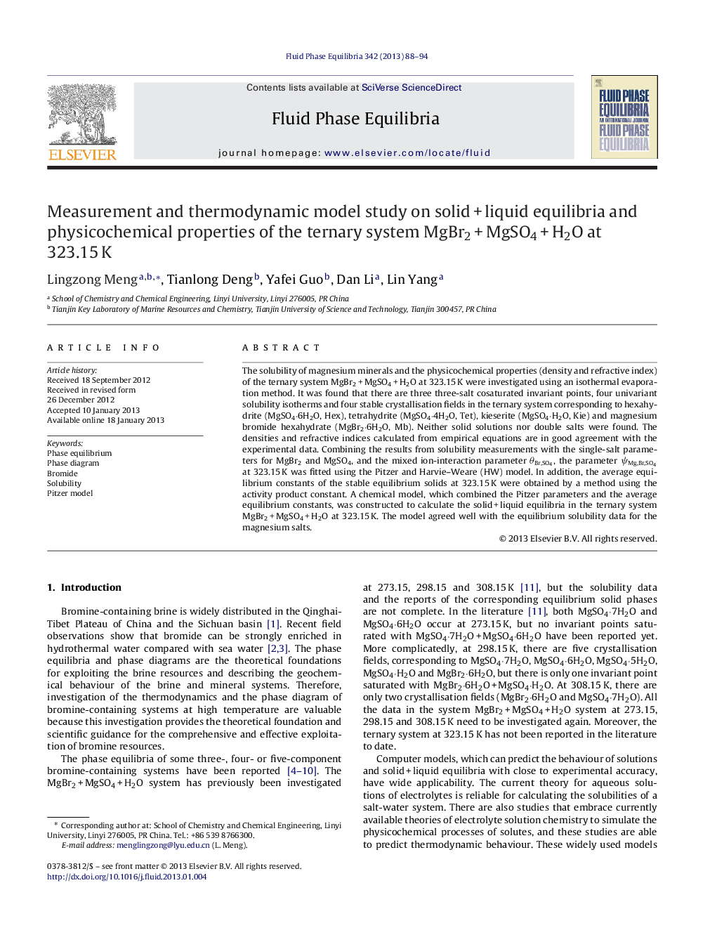 Measurement and thermodynamic model study on solid + liquid equilibria and physicochemical properties of the ternary system MgBr2 + MgSO4 + H2O at 323.15 K