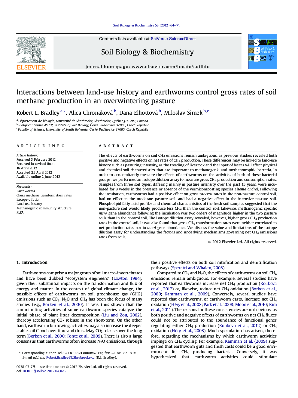 Interactions between land-use history and earthworms control gross rates of soil methane production in an overwintering pasture