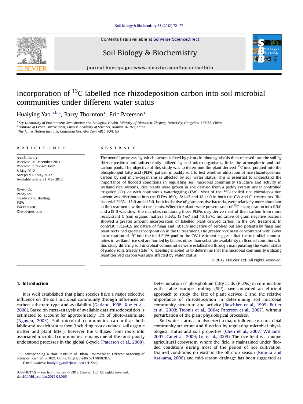 Incorporation of 13C-labelled rice rhizodeposition carbon into soil microbial communities under different water status