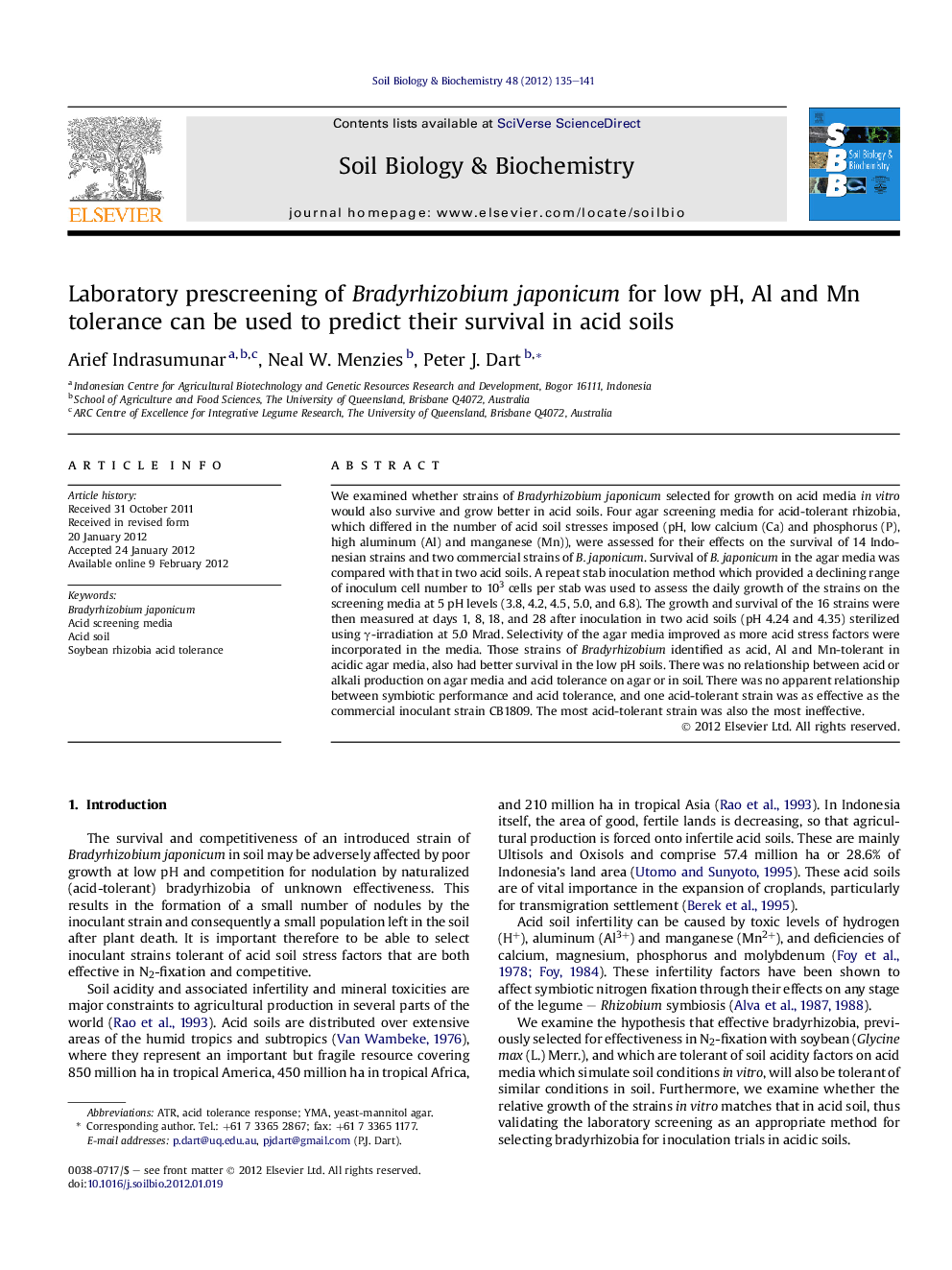 Laboratory prescreening of Bradyrhizobium japonicum for low pH, Al and Mn tolerance can be used to predict their survival in acid soils