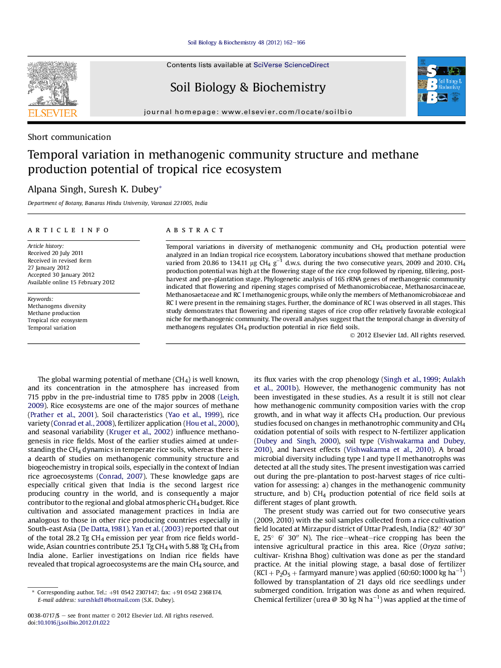 Temporal variation in methanogenic community structure and methane production potential of tropical rice ecosystem