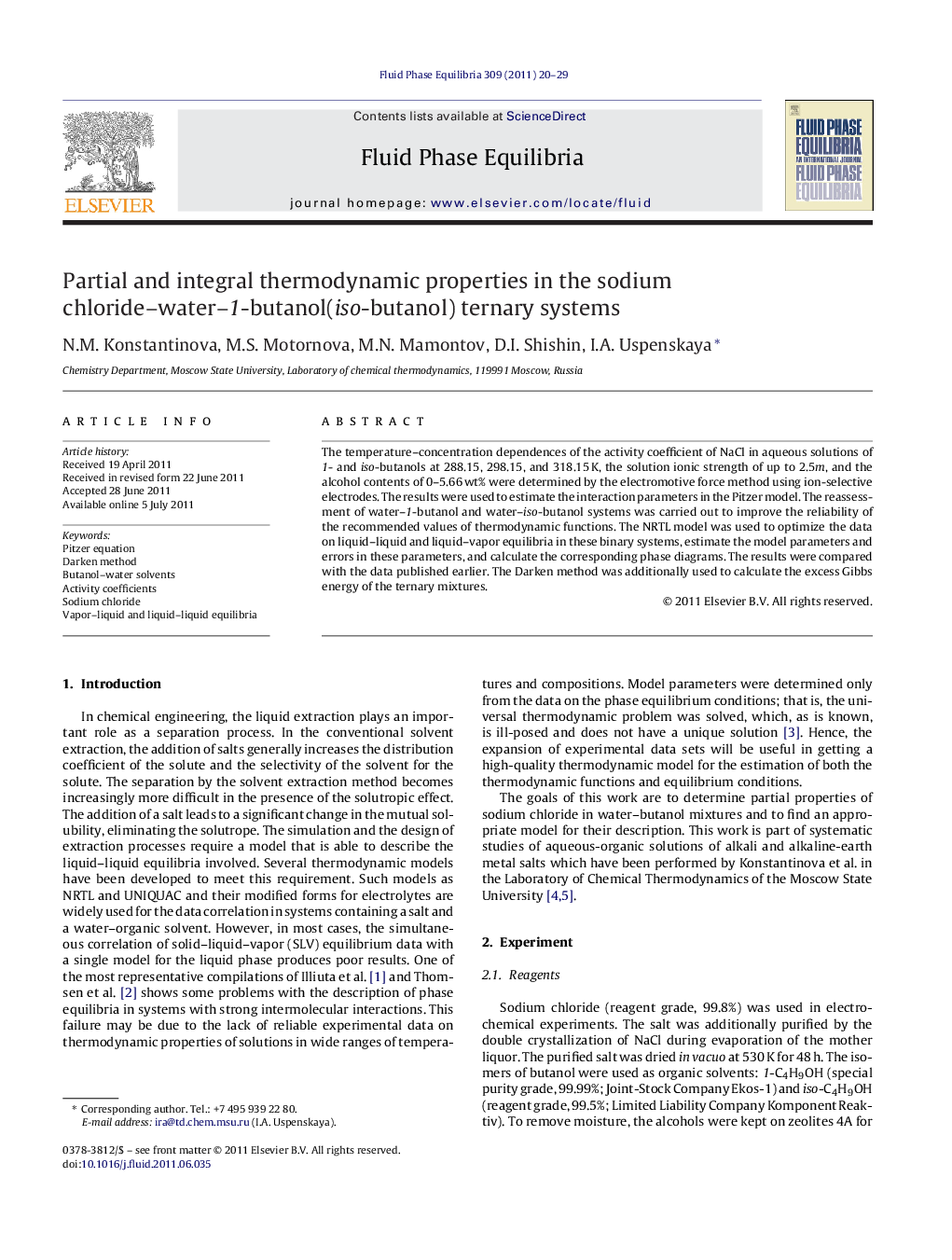 Partial and integral thermodynamic properties in the sodium chloride–water–1-butanol(iso-butanol) ternary systems