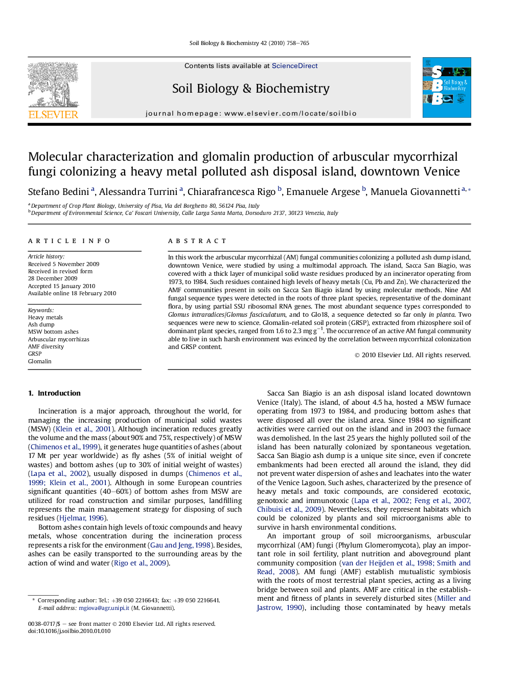 Molecular characterization and glomalin production of arbuscular mycorrhizal fungi colonizing a heavy metal polluted ash disposal island, downtown Venice