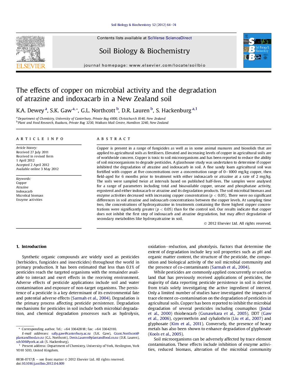 The effects of copper on microbial activity and the degradation of atrazine and indoxacarb in a New Zealand soil