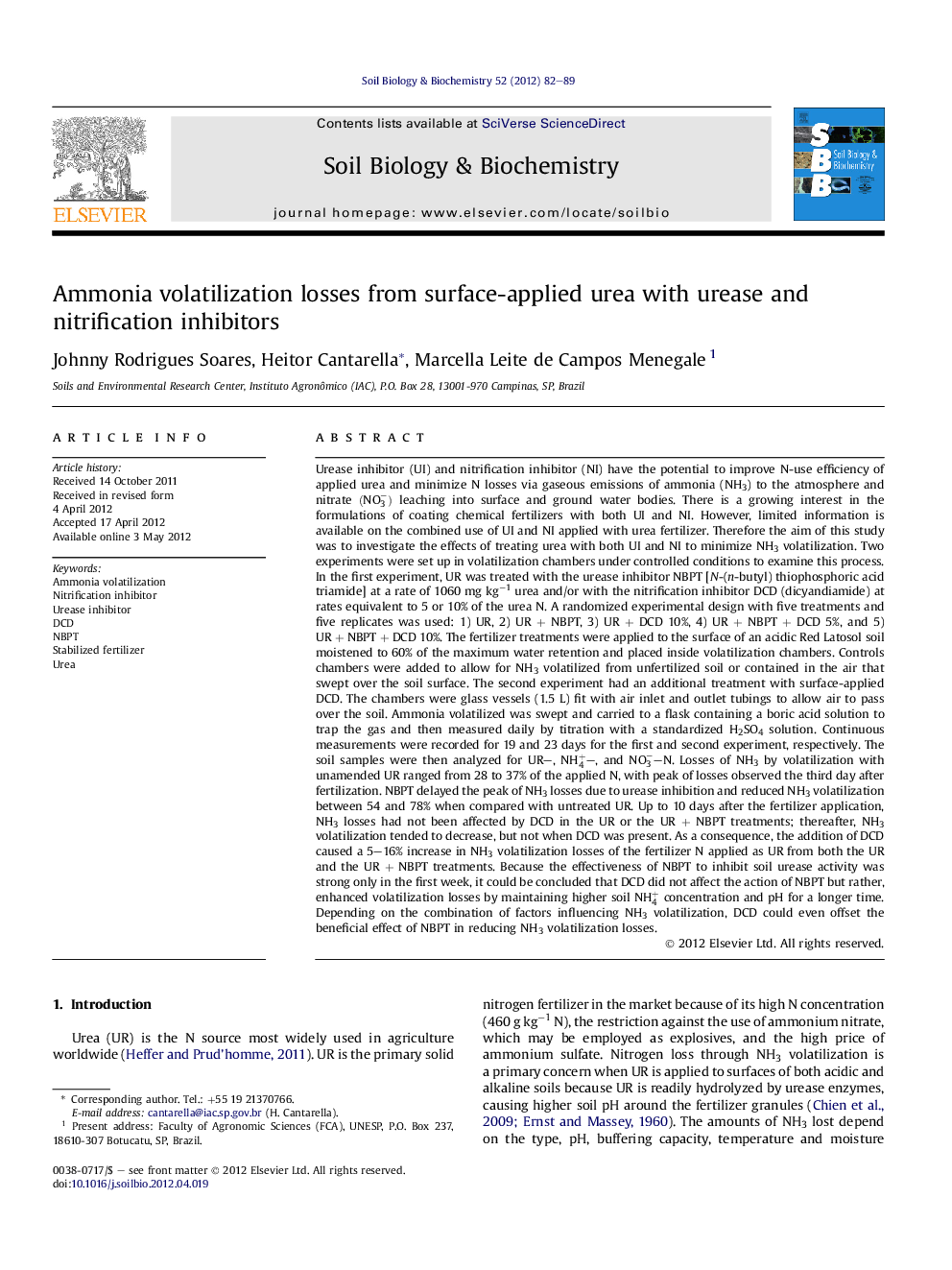 Ammonia volatilization losses from surface-applied urea with urease and nitrification inhibitors