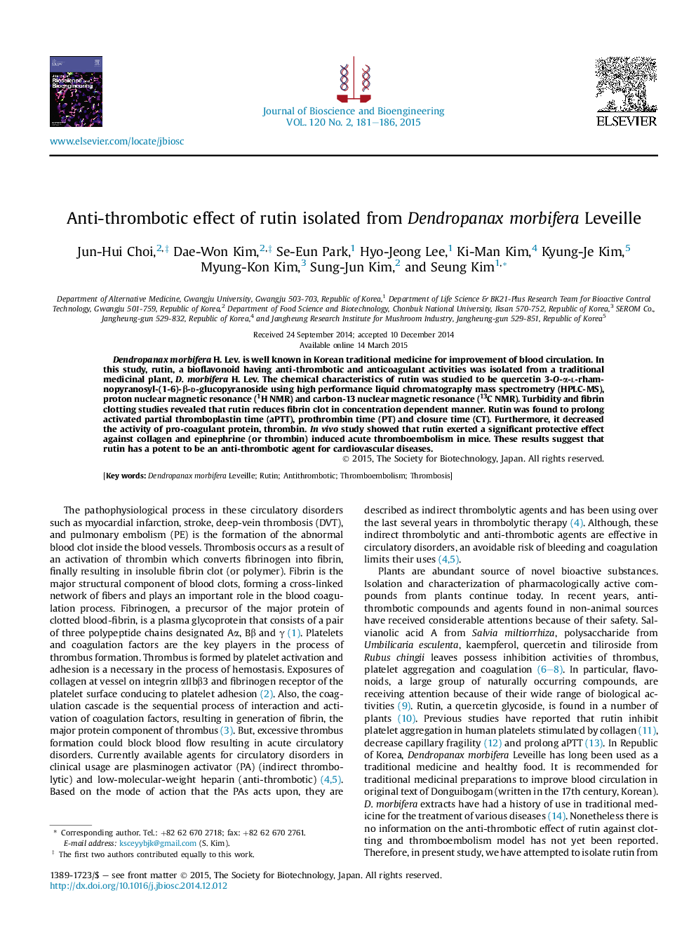 Anti-thrombotic effect of rutin isolated from Dendropanax morbifera Leveille