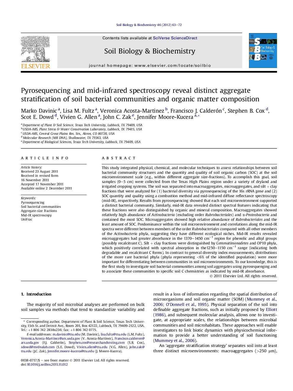 Pyrosequencing and mid-infrared spectroscopy reveal distinct aggregate stratification of soil bacterial communities and organic matter composition