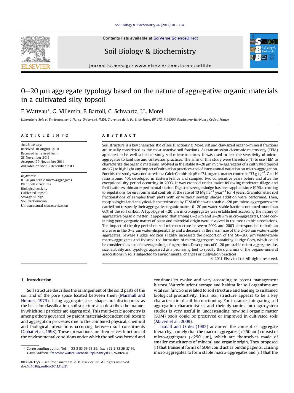 0-20Â Î¼m aggregate typology based on the nature of aggregative organic materials in a cultivated silty topsoil