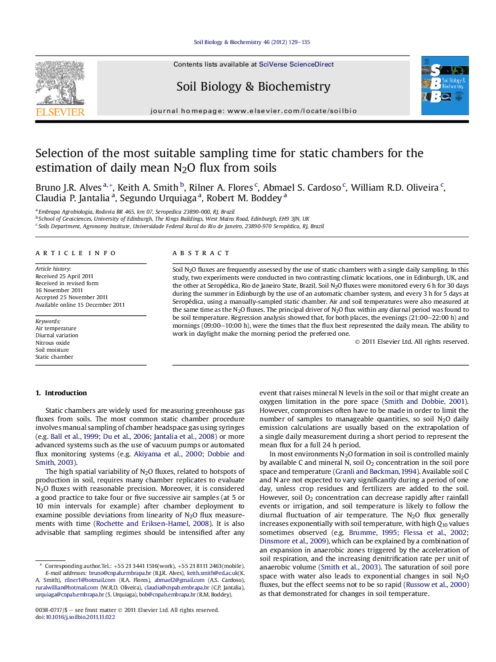 Selection of the most suitable sampling time for static chambers for the estimation of daily mean N2O flux from soils