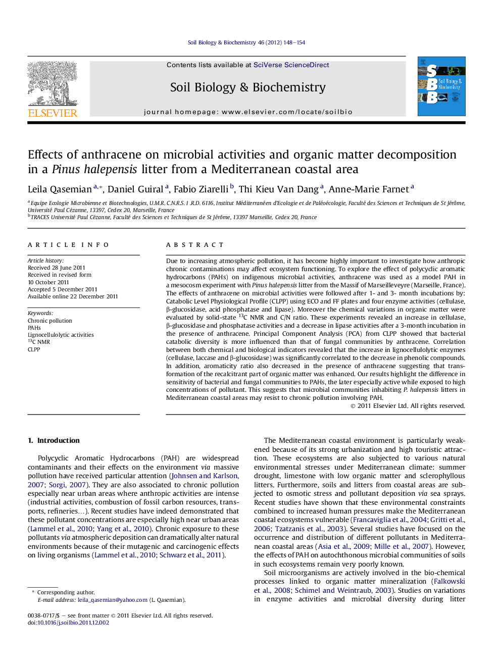 Effects of anthracene on microbial activities and organic matter decomposition in a Pinus halepensis litter from a Mediterranean coastal area