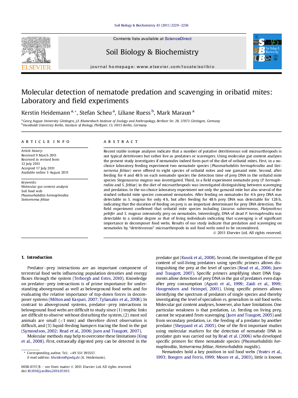 Molecular detection of nematode predation and scavenging in oribatid mites: Laboratory and field experiments