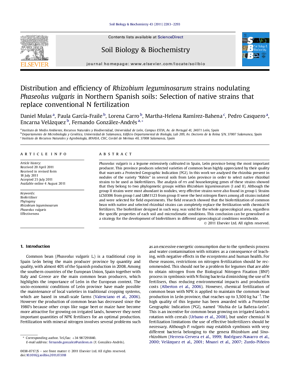 Distribution and efficiency of Rhizobium leguminosarum strains nodulating Phaseolus vulgaris in Northern Spanish soils: Selection of native strains that replace conventional N fertilization