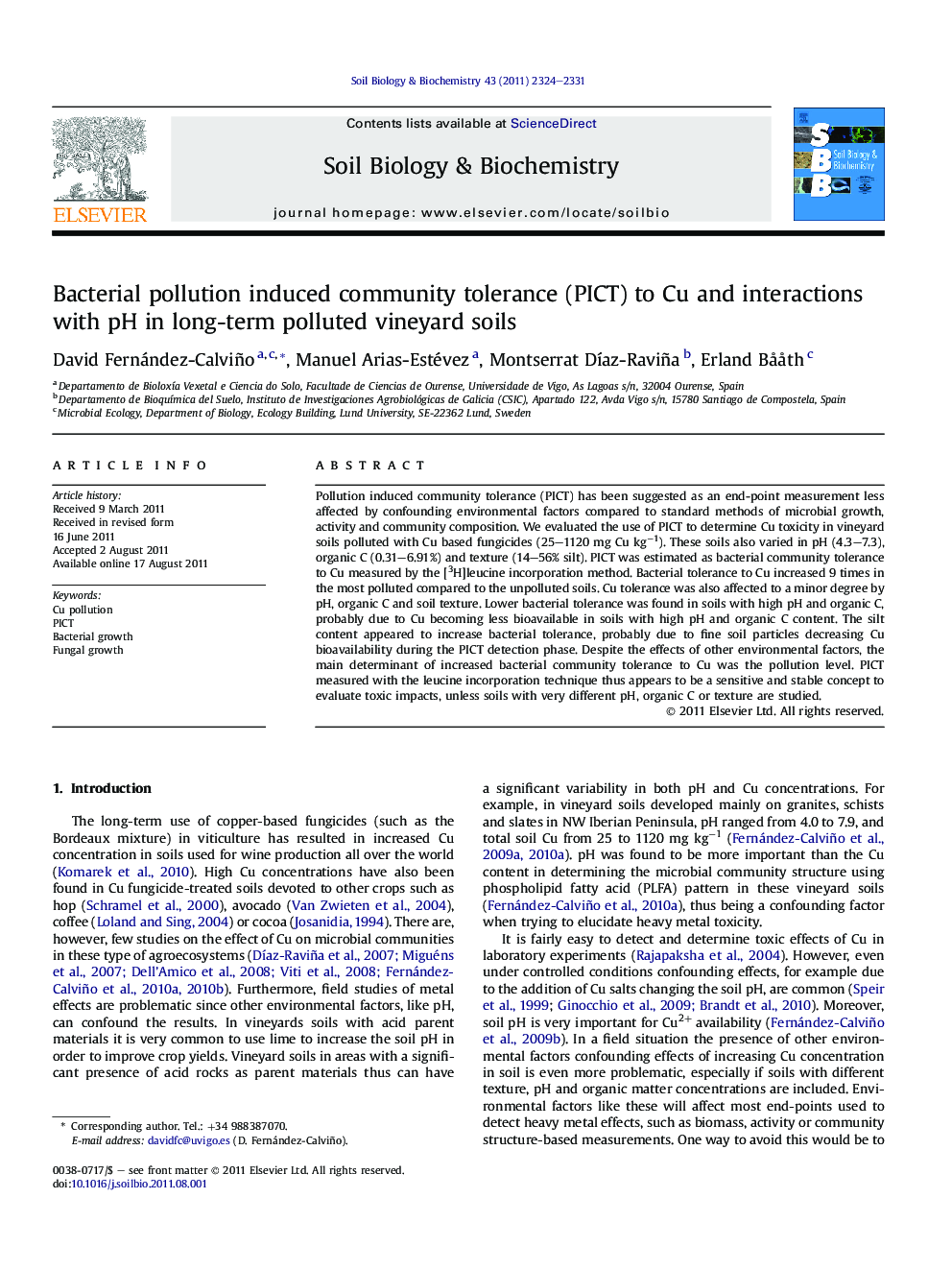 Bacterial pollution induced community tolerance (PICT) to Cu and interactions with pH in long-term polluted vineyard soils