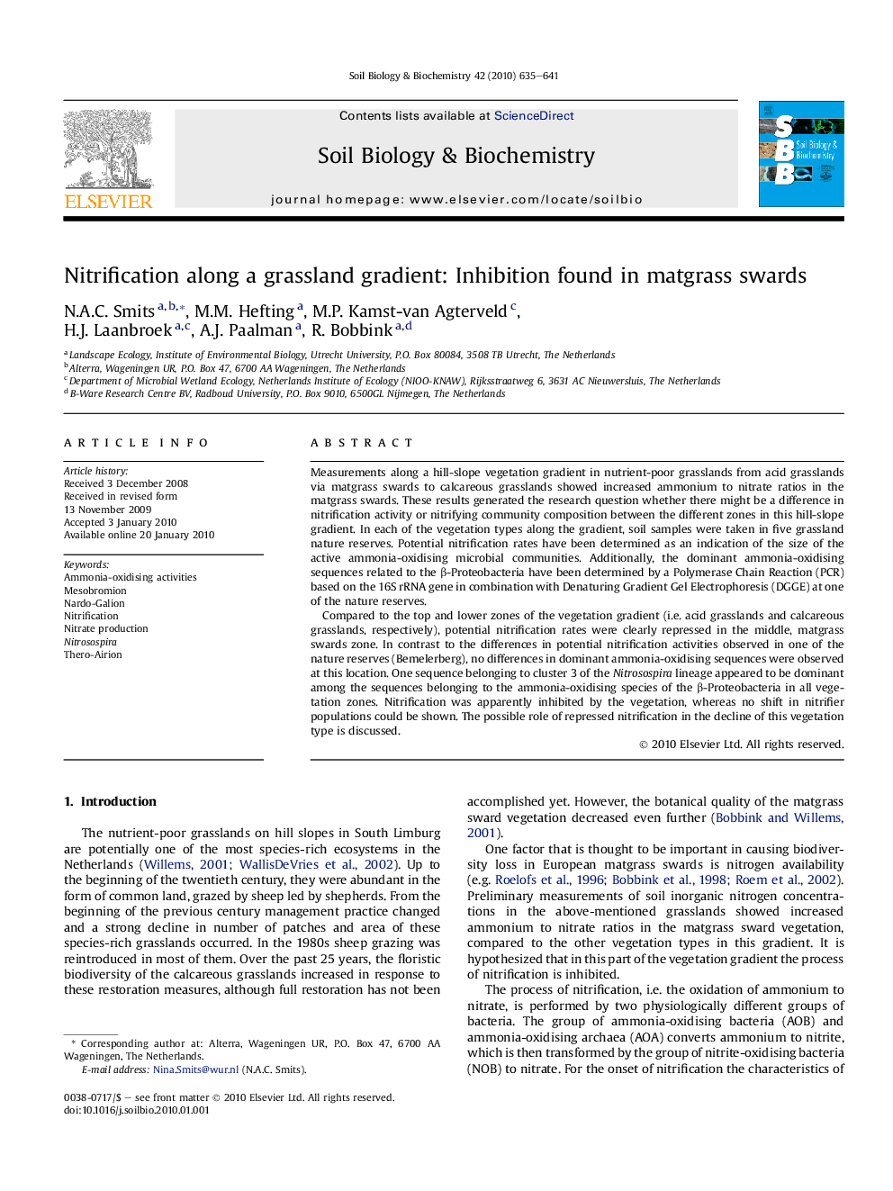 Nitrification along a grassland gradient: Inhibition found in matgrass swards