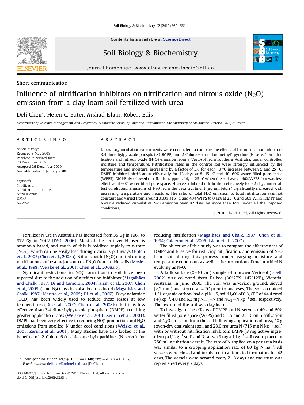 Influence of nitrification inhibitors on nitrification and nitrous oxide (N2O) emission from a clay loam soil fertilized with urea