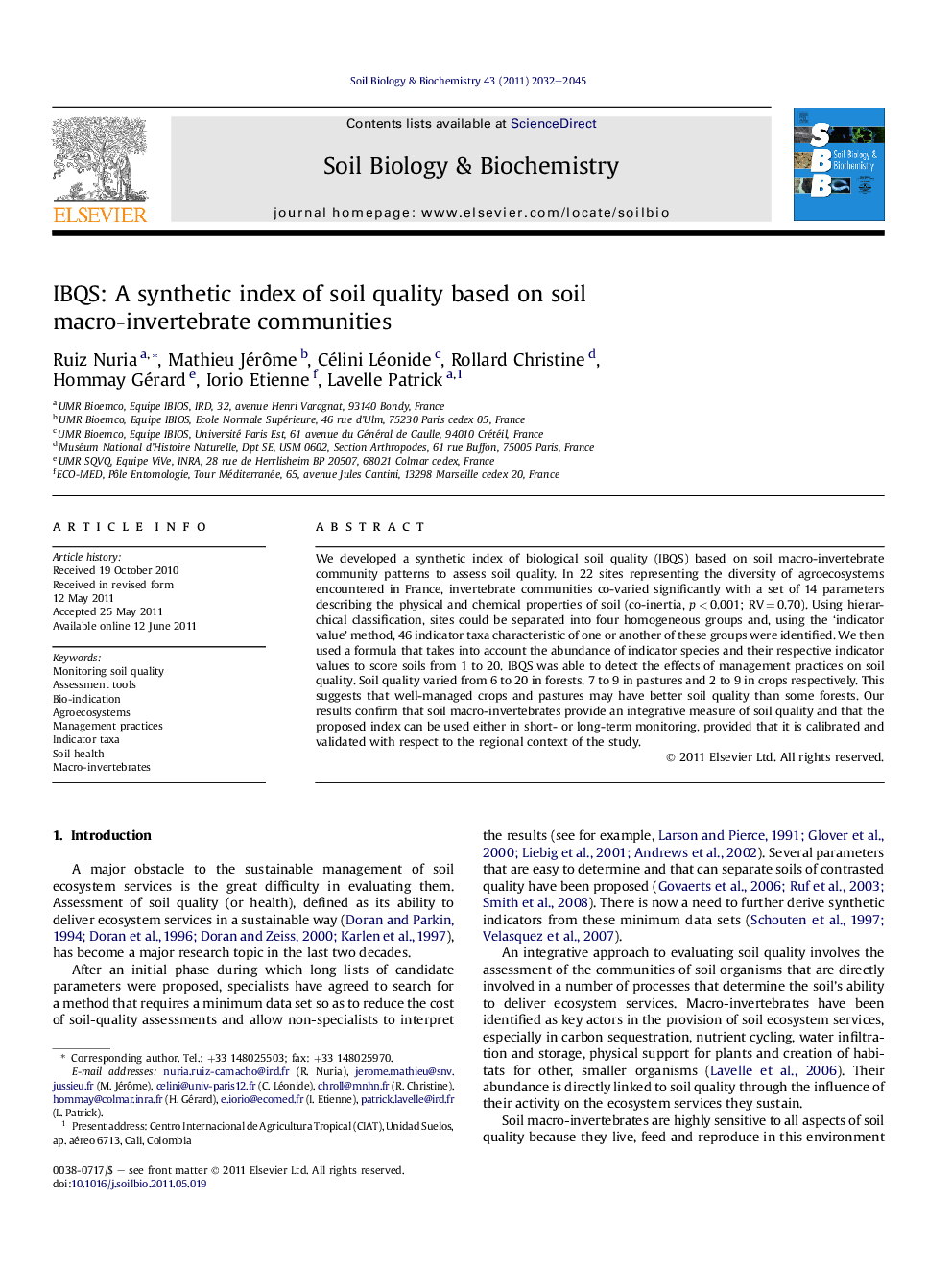 IBQS: A synthetic index of soil quality based on soil macro-invertebrate communities