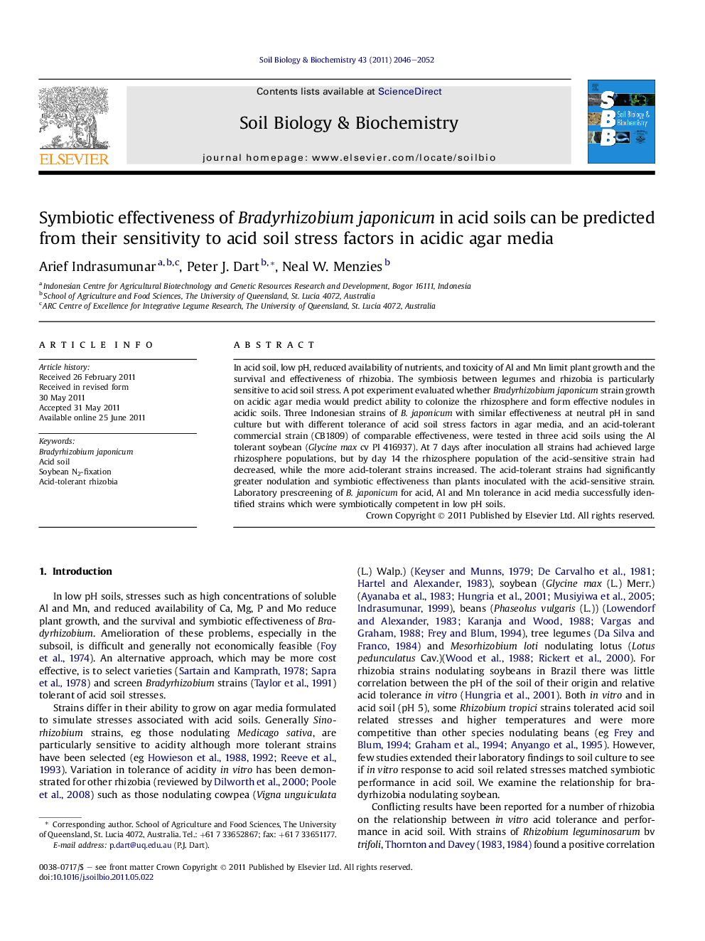 Symbiotic effectiveness of Bradyrhizobium japonicum in acid soils can be predicted from their sensitivity to acid soil stress factors in acidic agar media