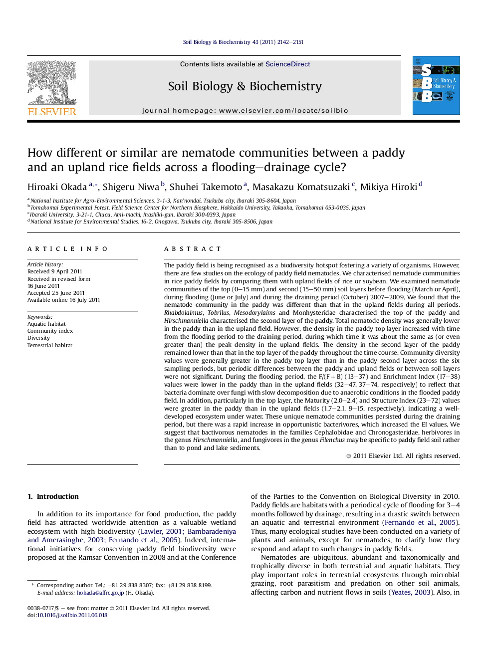 How different or similar are nematode communities between a paddy and an upland rice fields across a flooding–drainage cycle?