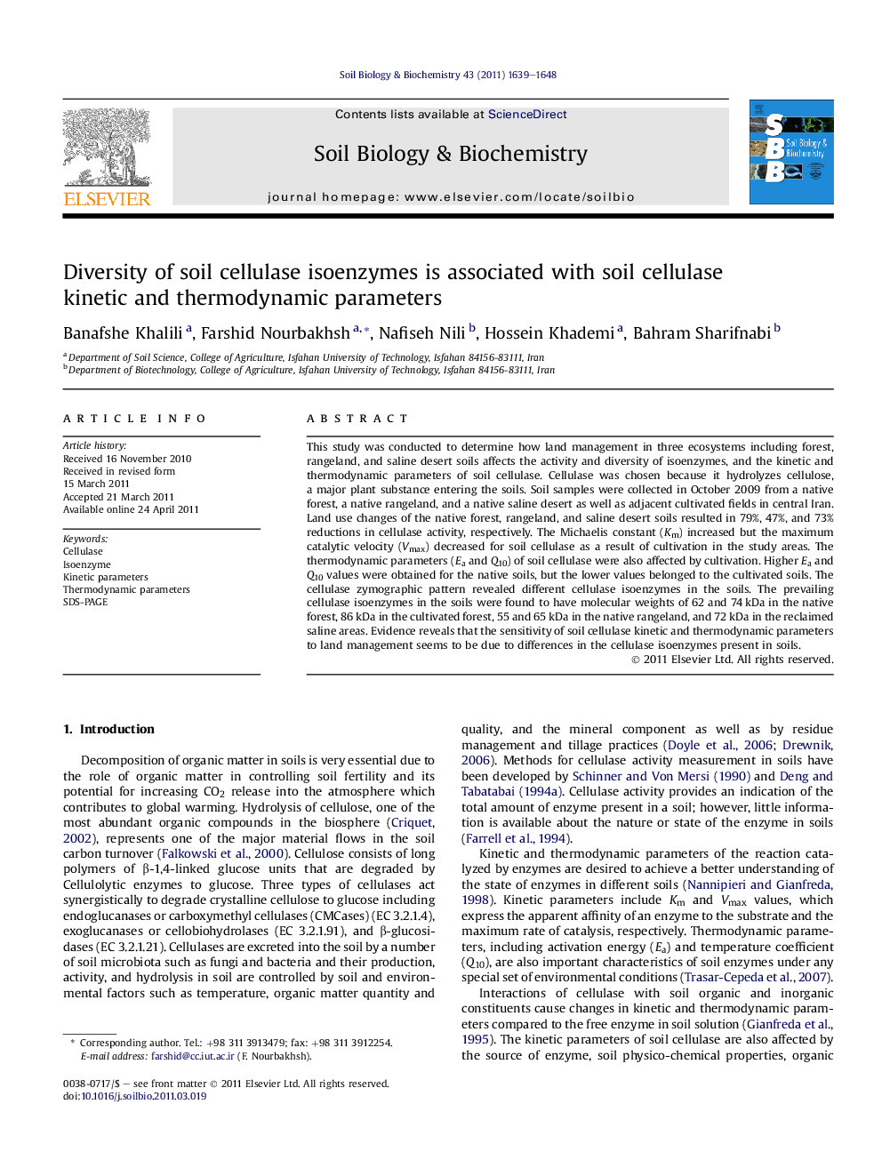 Diversity of soil cellulase isoenzymes is associated with soil cellulase kinetic and thermodynamic parameters