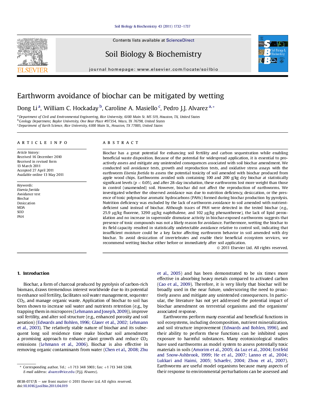 Earthworm avoidance of biochar can be mitigated by wetting