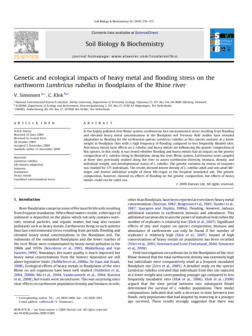 Genetic and ecological impacts of heavy metal and flooding stress on the earthworm Lumbricus rubellus in floodplains of the Rhine river