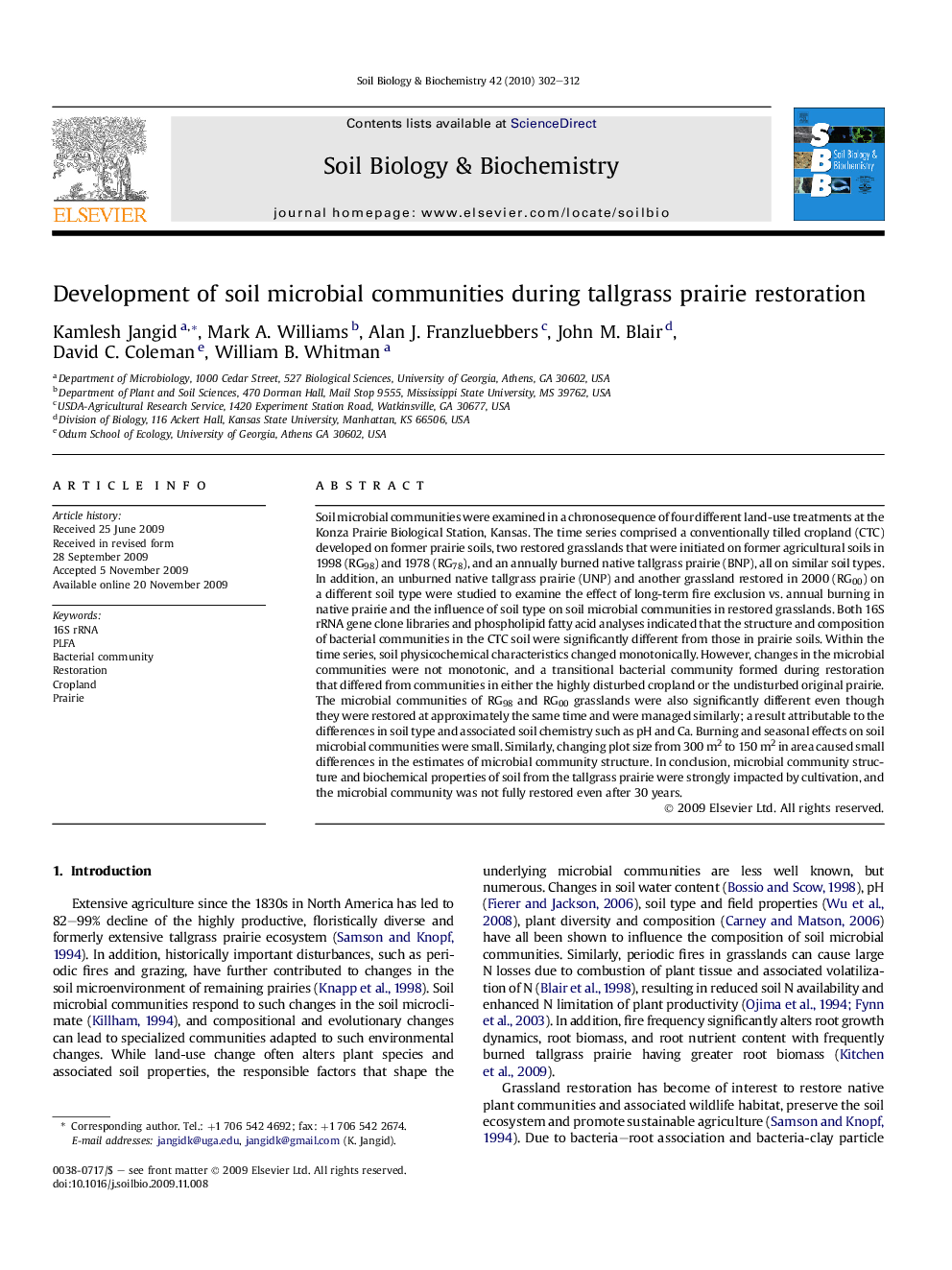 Development of soil microbial communities during tallgrass prairie restoration