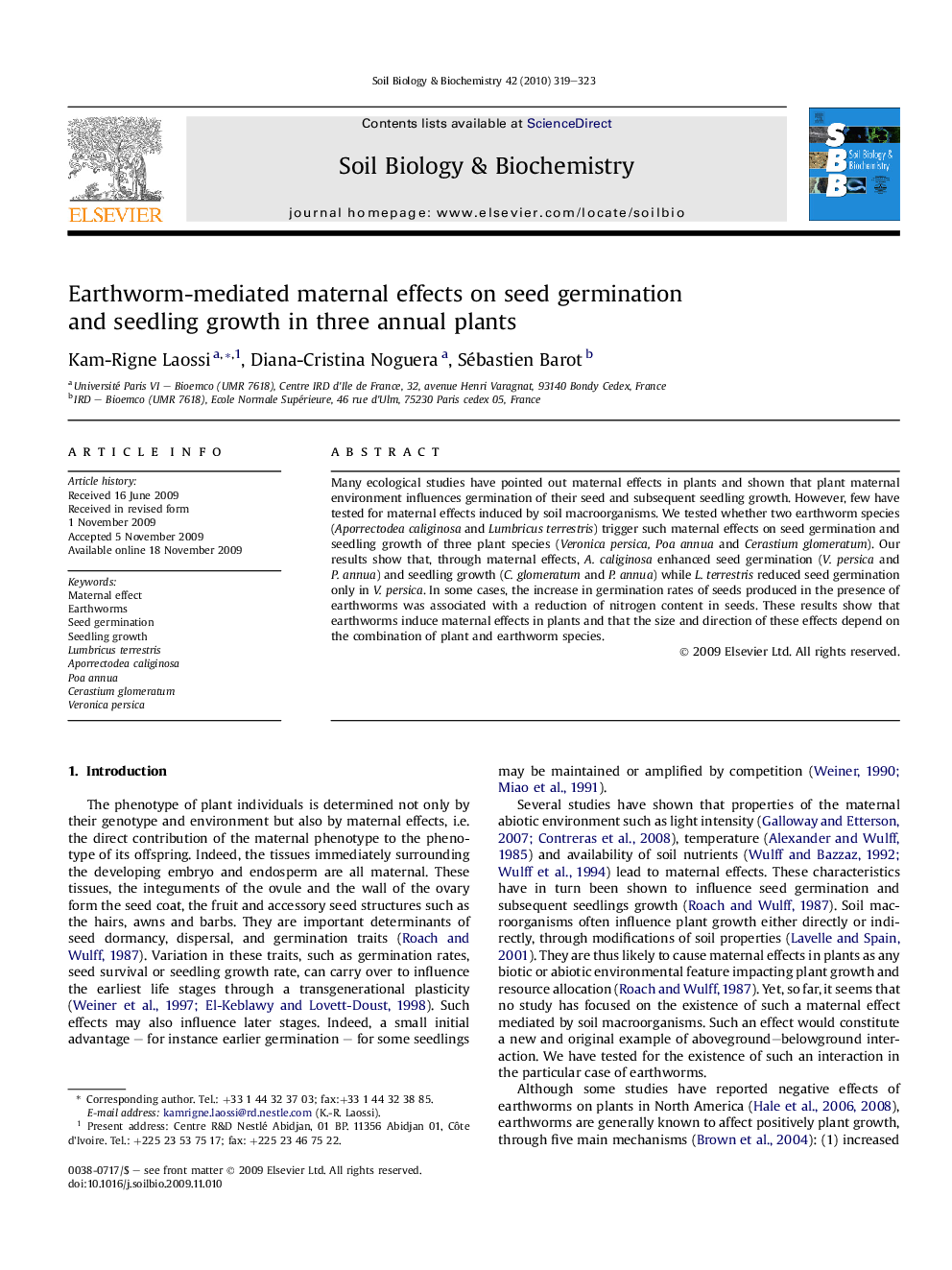 Earthworm-mediated maternal effects on seed germination and seedling growth in three annual plants