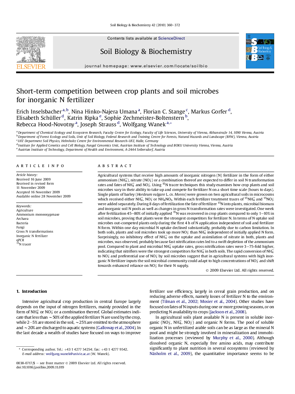 Short-term competition between crop plants and soil microbes for inorganic N fertilizer