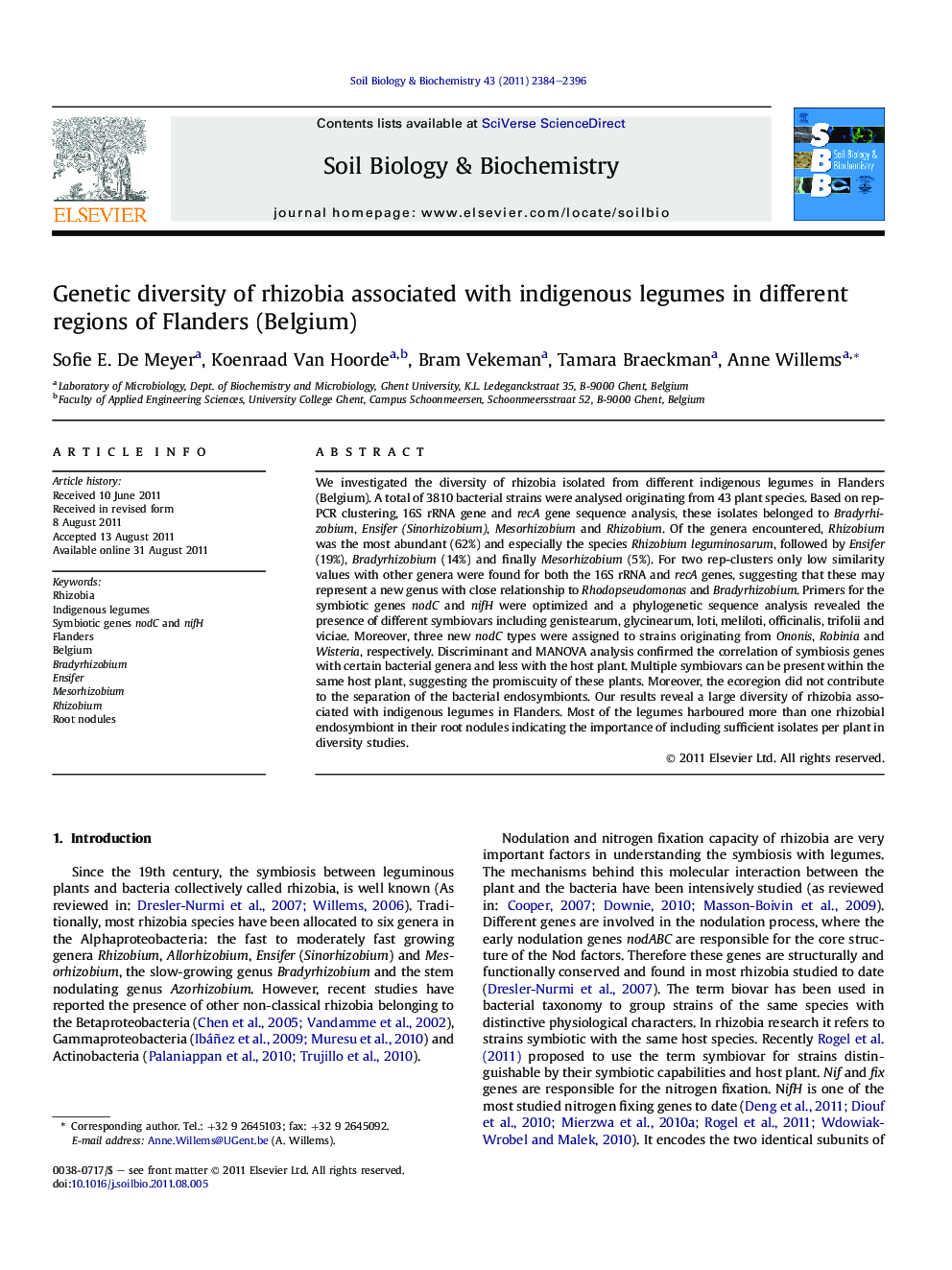 Genetic diversity of rhizobia associated with indigenous legumes in different regions of Flanders (Belgium)