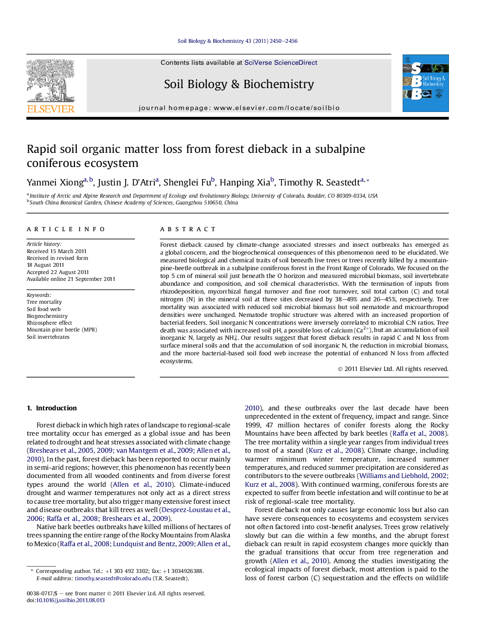 Rapid soil organic matter loss from forest dieback in a subalpine coniferous ecosystem