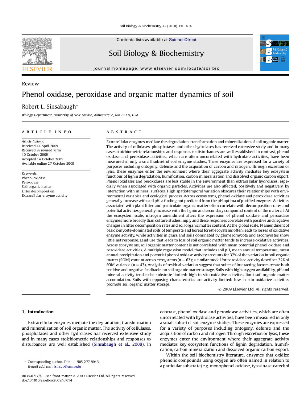 Phenol oxidase, peroxidase and organic matter dynamics of soil