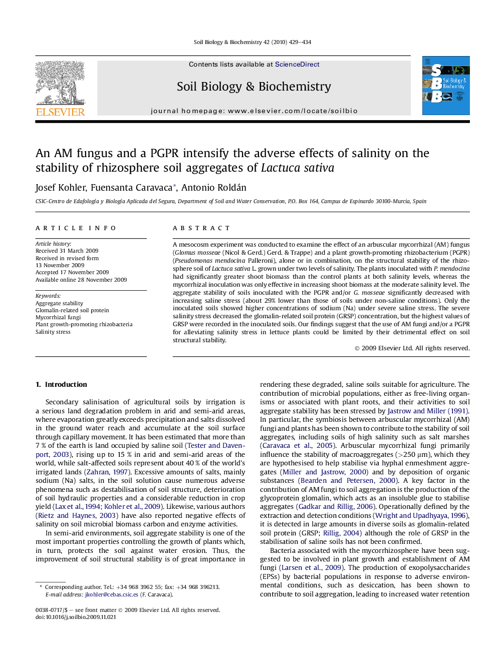 An AM fungus and a PGPR intensify the adverse effects of salinity on the stability of rhizosphere soil aggregates of Lactuca sativa