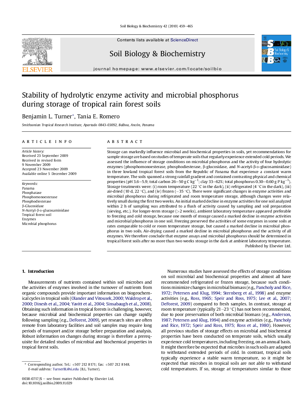 Stability of hydrolytic enzyme activity and microbial phosphorus during storage of tropical rain forest soils