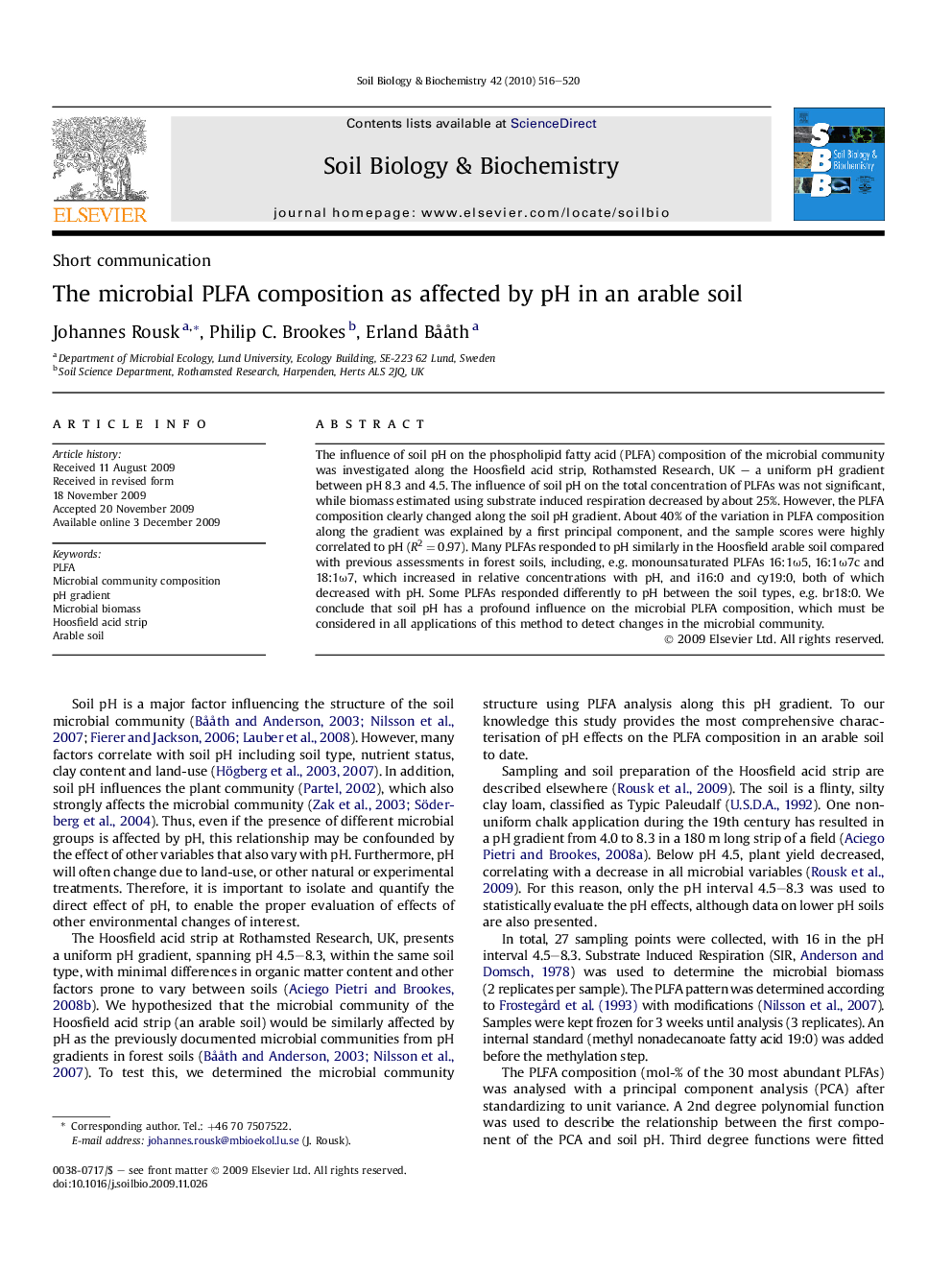 The microbial PLFA composition as affected by pH in an arable soil