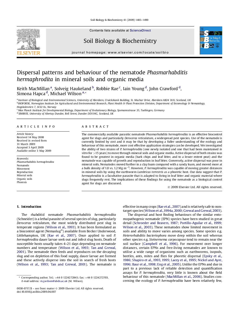 Dispersal patterns and behaviour of the nematode Phasmarhabditis hermaphrodita in mineral soils and organic media