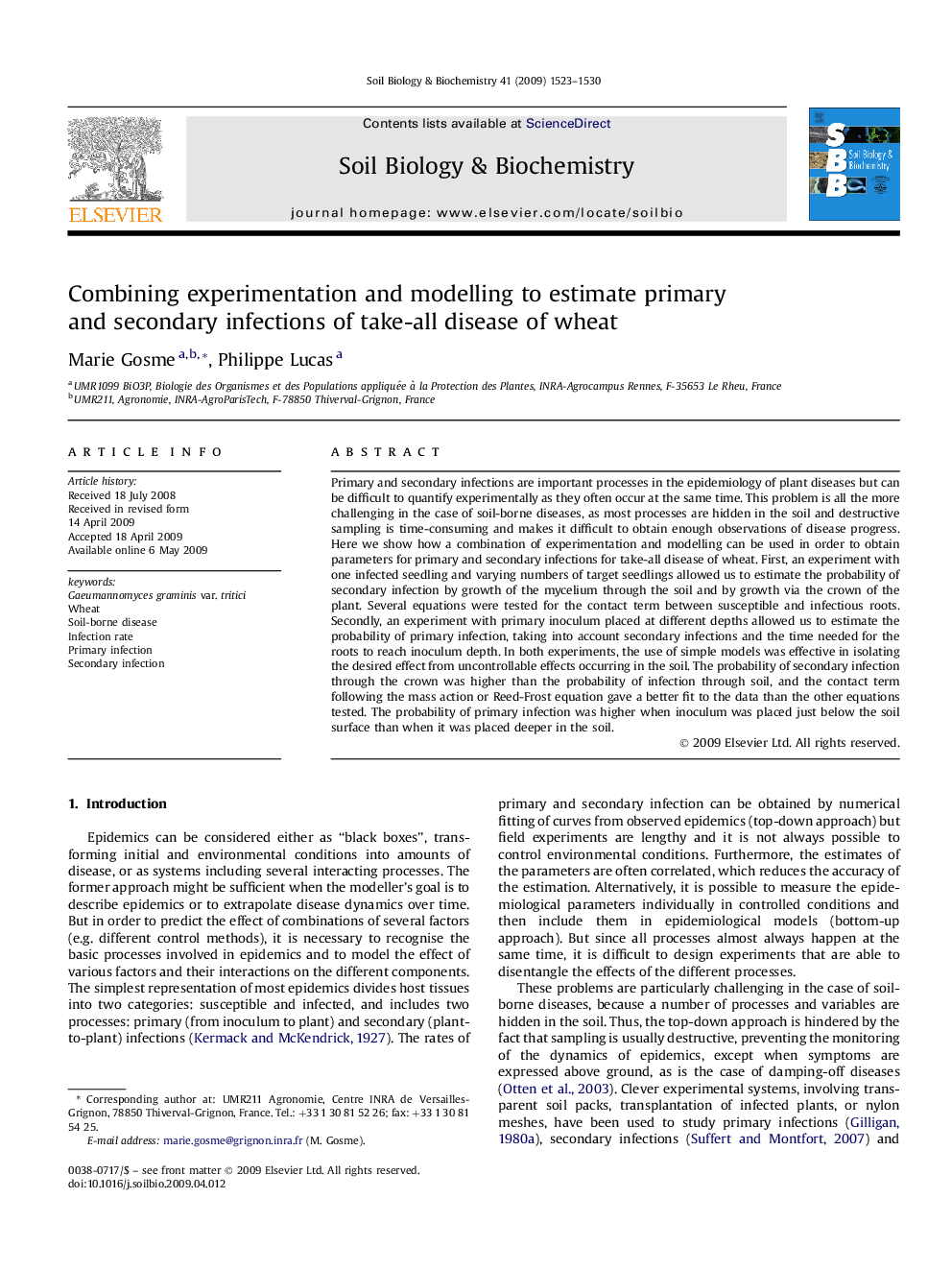 Combining experimentation and modelling to estimate primary and secondary infections of take-all disease of wheat