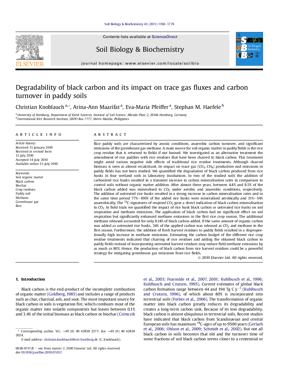 Degradability of black carbon and its impact on trace gas fluxes and carbon turnover in paddy soils