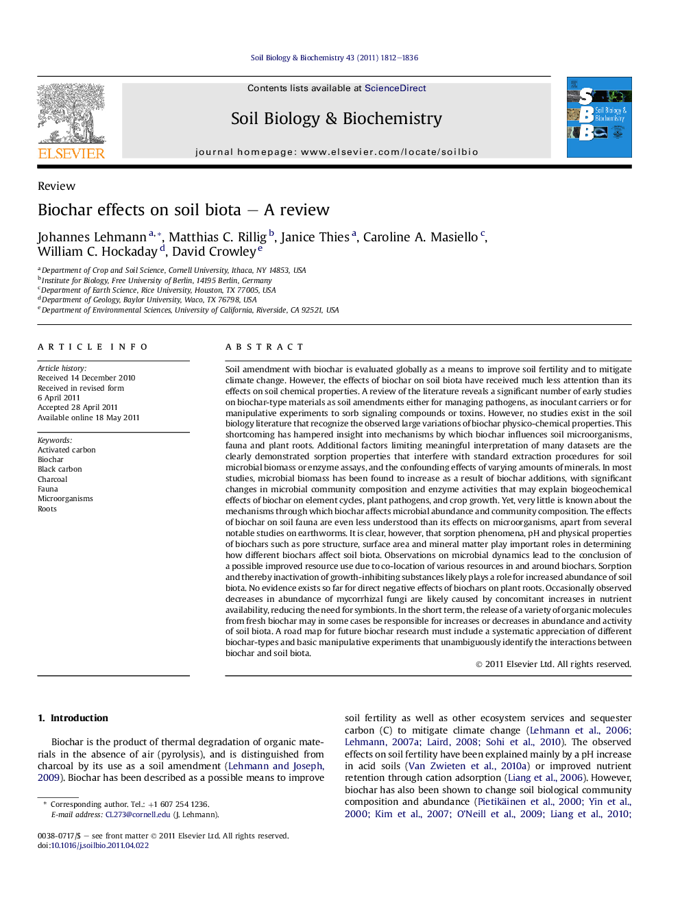 Biochar effects on soil biota – A review