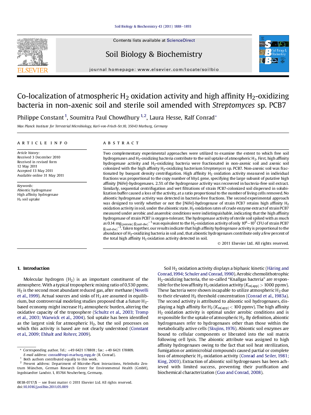 Co-localization of atmospheric H2 oxidation activity and high affinity H2-oxidizing bacteria in non-axenic soil and sterile soil amended with Streptomyces sp. PCB7