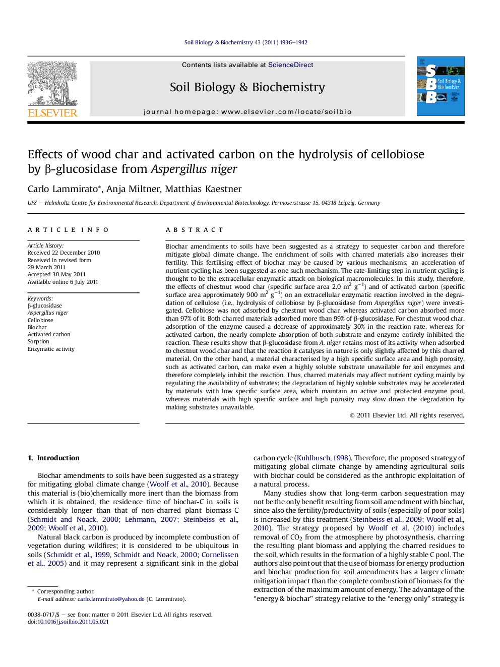 Effects of wood char and activated carbon on the hydrolysis of cellobiose by β-glucosidase from Aspergillus niger