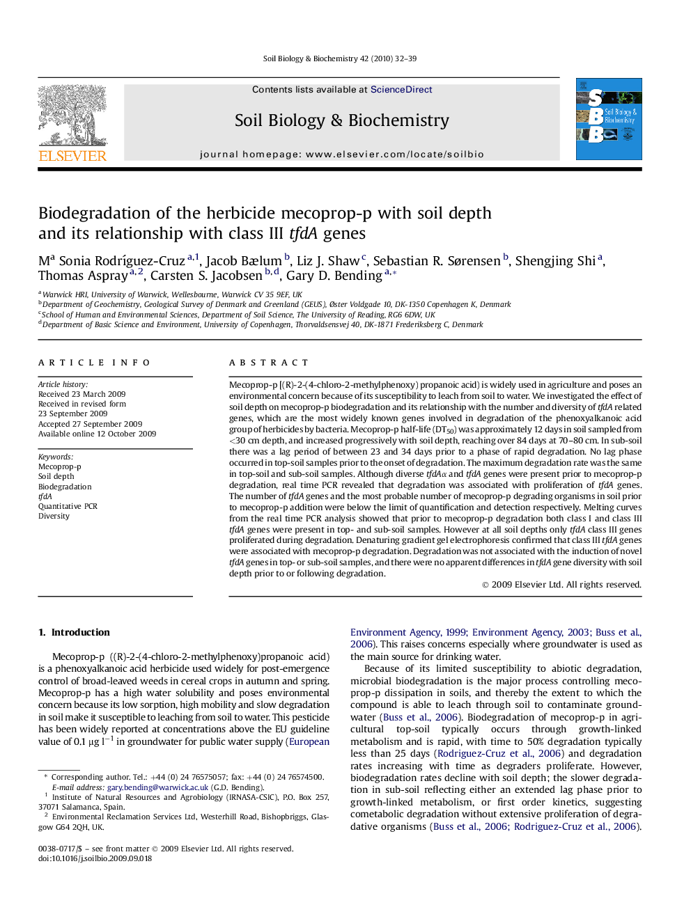 Biodegradation of the herbicide mecoprop-p with soil depth and its relationship with class III tfdA genes