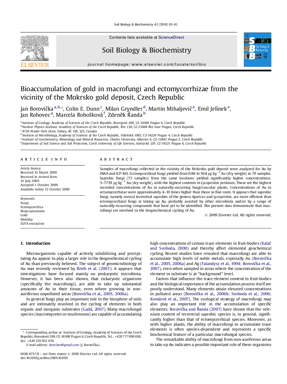 Bioaccumulation of gold in macrofungi and ectomycorrhizae from the vicinity of the Mokrsko gold deposit, Czech Republic