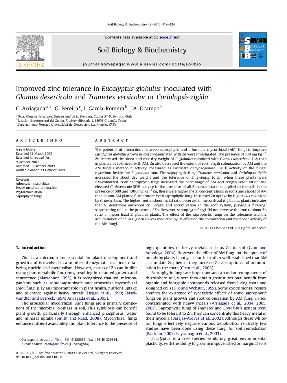 Improved zinc tolerance in Eucalyptus globulus inoculated with Glomus deserticola and Trametes versicolor or Coriolopsis rigida